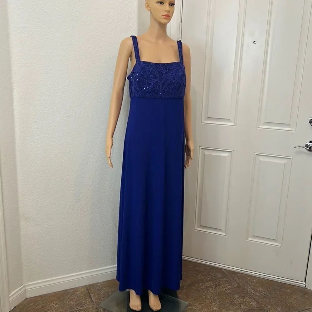 R&M Richard’s Dress Royal Cobalt Blue Maxi Spaghettini Sleeves Sequin Sparkle